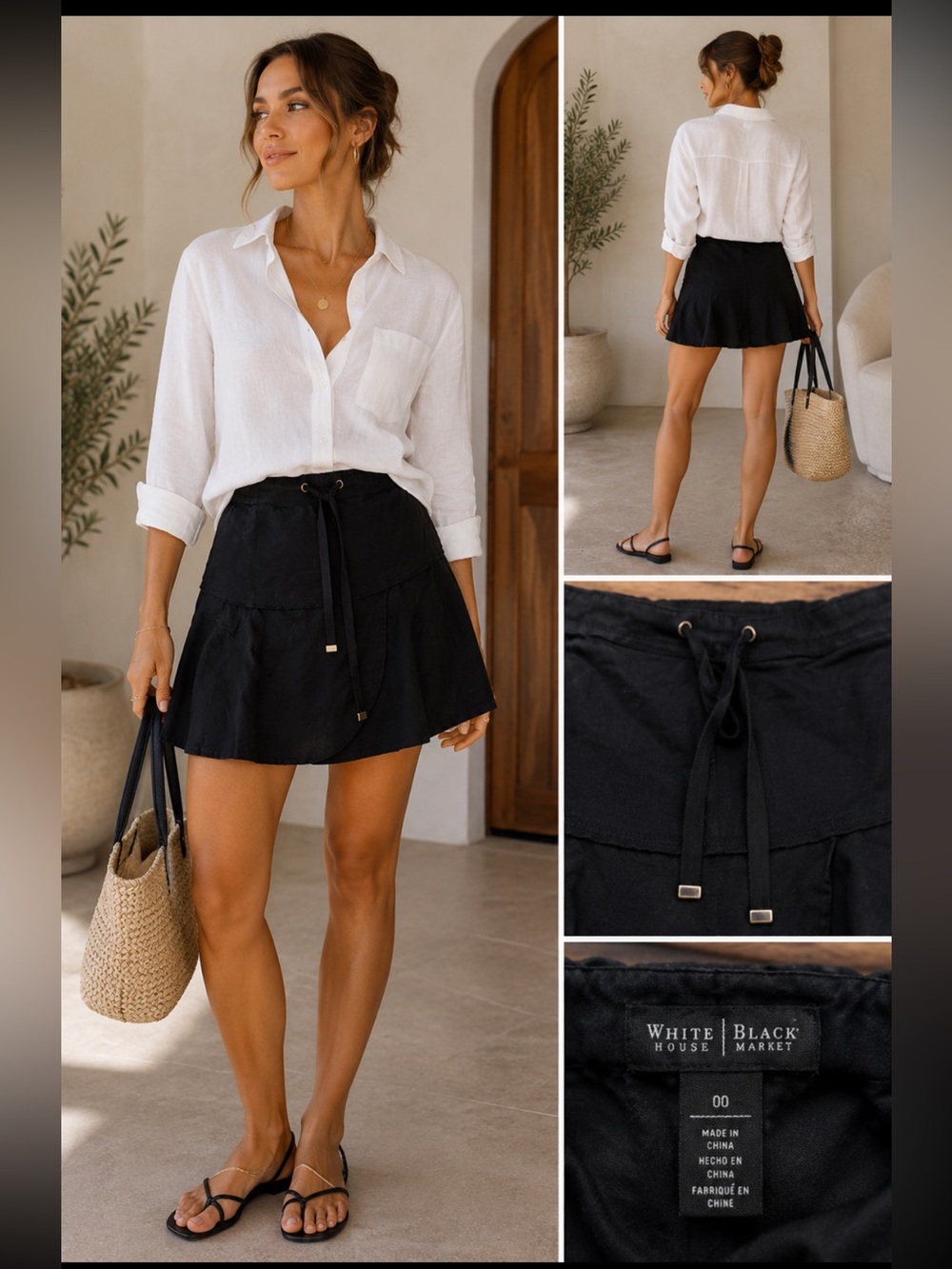 White House Black Market Black Linen Blend Wrap Mini Skirt